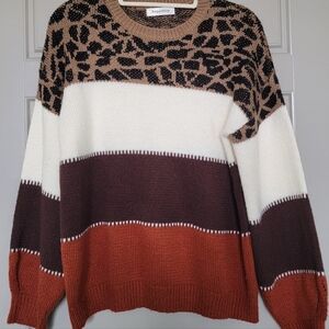 Angashion Women's Leopard Color Block Sweater - Black, Cream, Brown, Rust, Tan